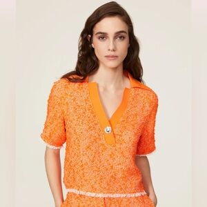 3.1 Philip Lim Short Sleeve Rib Collar Tweed Polo Top